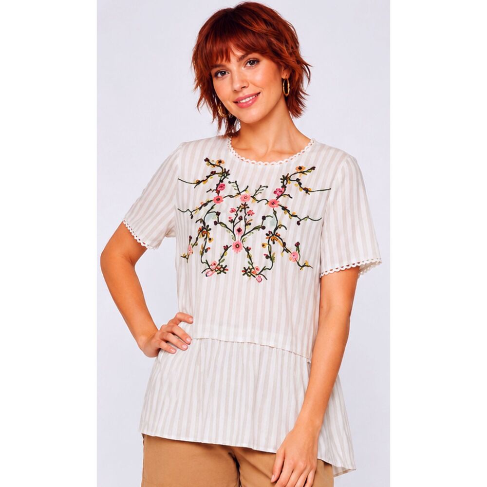 Gray Striped Floral Embroidery Rayon Boho Tunic Top M 8 10 BluHeaven NWT